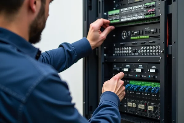 Technician setting up central home automation hub console