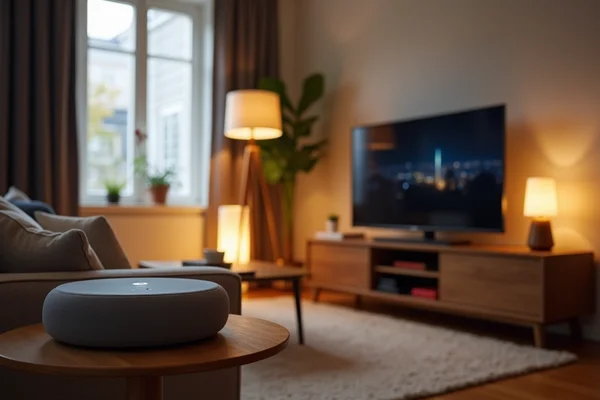 Basic home automation setup with smart speakers and lighting control in apartment living room