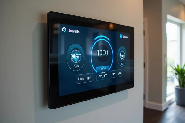 Comprehensive home automation system with integrated touchscreen control panel on wall controlling multiple systems