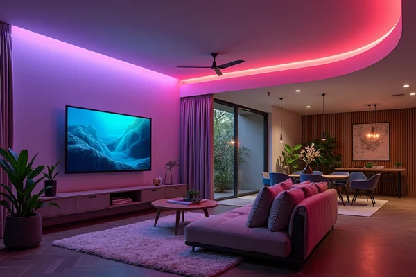 Smart lighting system with color-changing capability and scene settings in modern living area