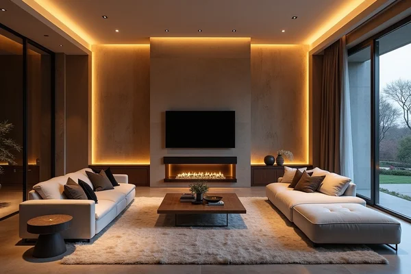 Modern living room with professionally designed layered lighting creating ambiance and highlighting architectural features