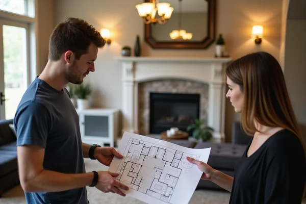 Lighting designer discussing customized lighting plan with homeowner using floor plans and samples in living room