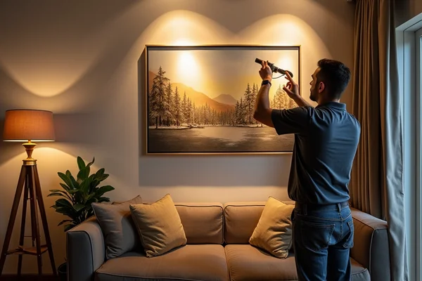 Professional installing accent lighting to highlight artwork on wall in residential home