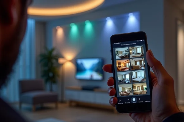 Smart home lighting system control panel and app demonstration showing various lighting scenes on smartphone