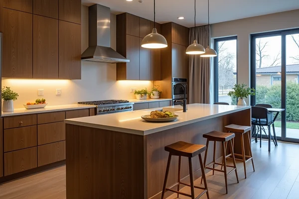 Task lighting in modern kitchen with under-cabinet lights and pendant fixtures over island
