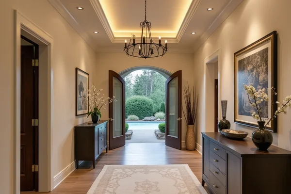Accent lighting highlighting architectural features and artwork in home entryway
