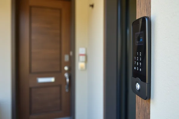 Modern video intercom system installed at residential doorway, showing touchscreen panel with camera
