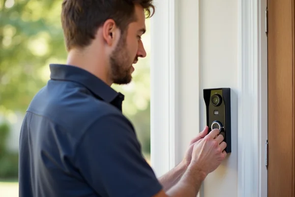 Technician installing residential video intercom at home entrance, mounting the panel on wall
