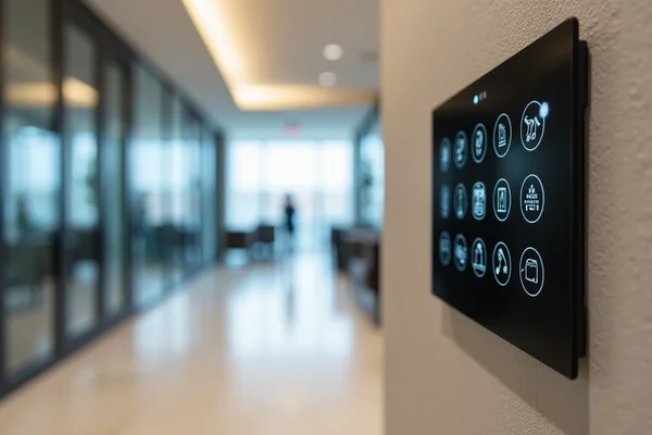 Commercial multi-unit intercom system in office building lobby with directory panel and multiple call buttons