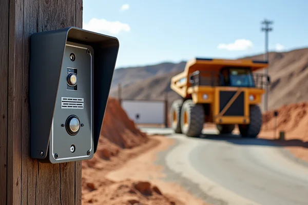 Industrial intercom system installation at mining site entrance gate with rugged weatherproof enclosure