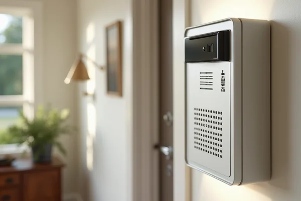 Traditional audio intercom system with handset unit mounted on interior wall of home