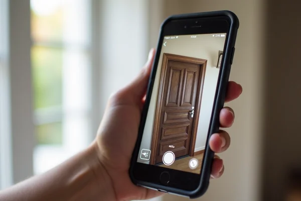 Smartphone app showing intercom video feed and controls for remote access and door unlocking