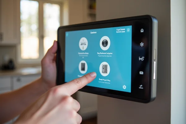 Intercom integrated with smart home system showing connection to lighting, security cameras, and smart locks on tablet interface