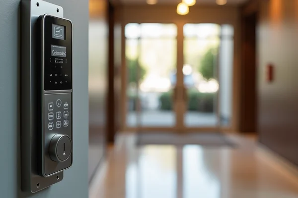 Multi-unit apartment building intercom with access control panel and resident directory in lobby entrance