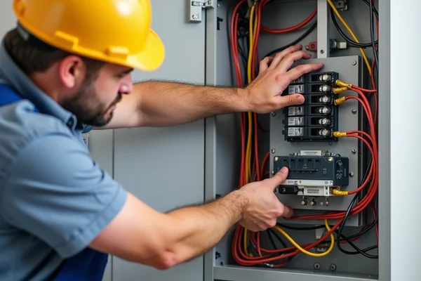 Electrician installing dedicated circuit for kitchen appliance at electrical panel