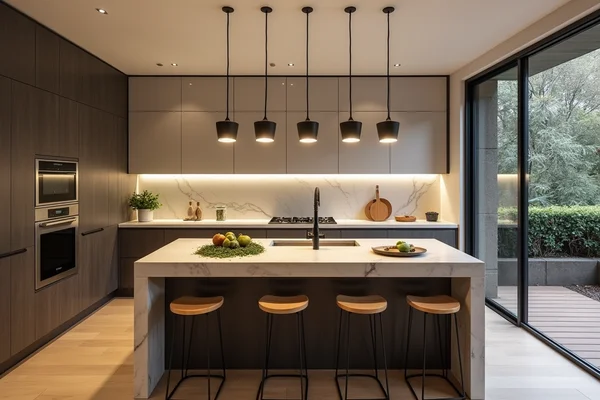 Smart lighting installation in modern kitchen with pendant lights above island