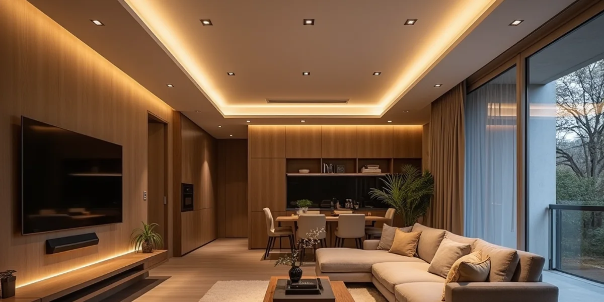 Modern LED downlights installed in a contemporary living room with warm, energy-efficient illumination