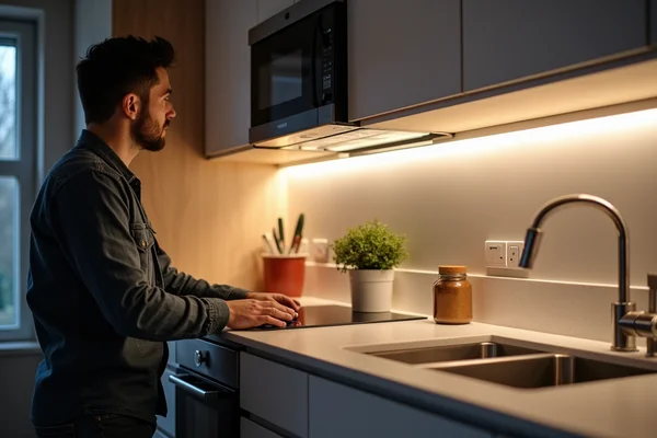 Electrician installing LED strip lighting under modern kitchen cabinets, creating ambient lighting