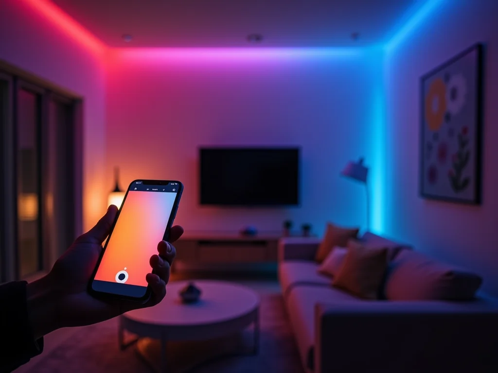 Smart LED lighting system with color-changing capability being controlled by smartphone in living room