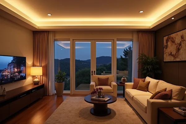 LED strip lighting installed along ceiling cove creating ambient illumination in living room