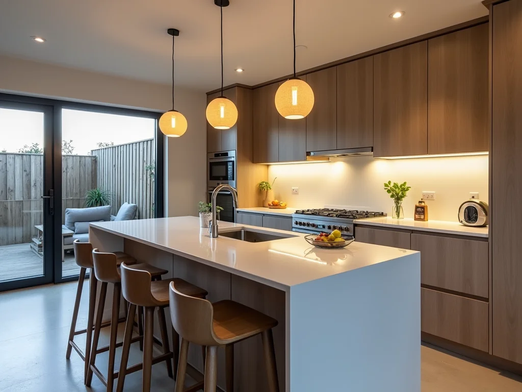 Stylish LED pendant lights installed over kitchen island in modern home