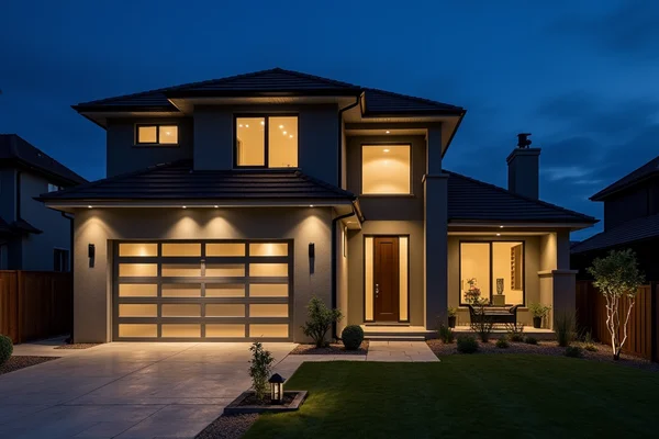 Modern home exterior with strategically placed security lights illuminating the property at night