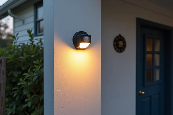 Motion sensor floodlights being installed on exterior wall by professional electrician during daytime