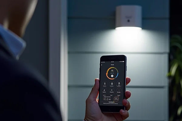 Smart security lighting system being controlled via smartphone app showing various zones and settings