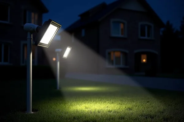 Motion-activated floodlights illuminating backyard and detecting movement at night