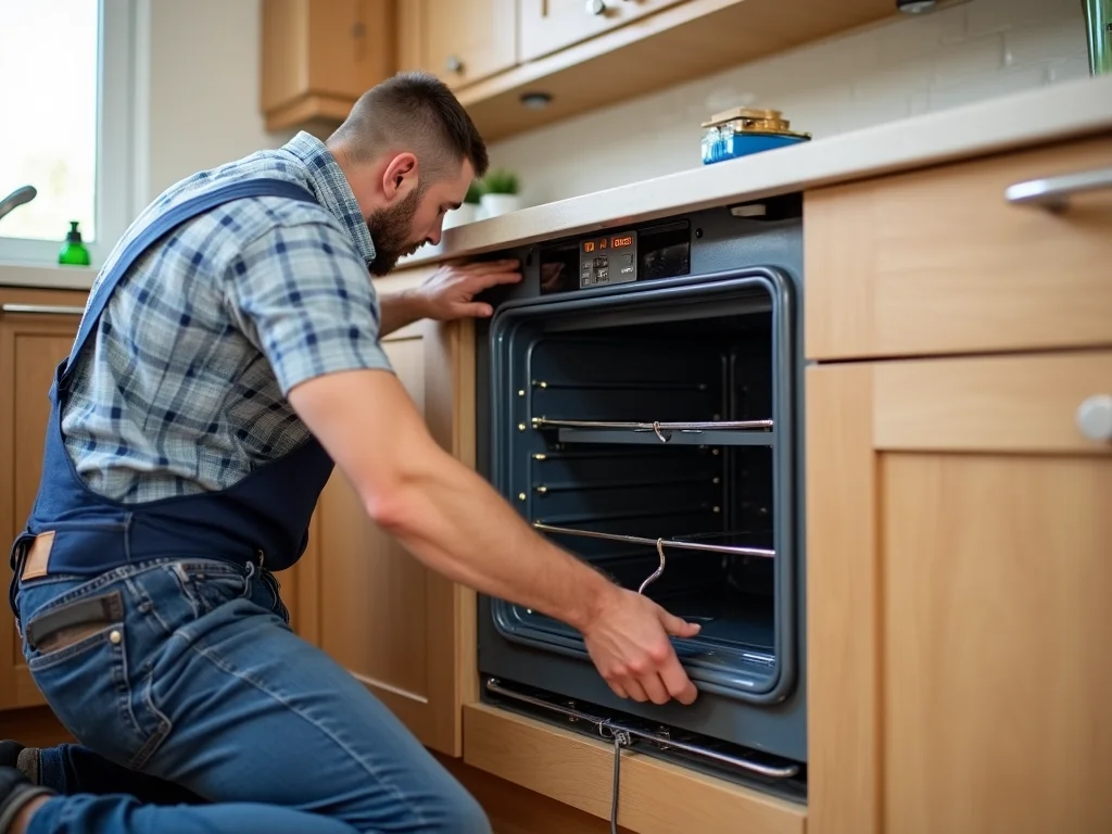 Electrician installing built-in electric oven in kitchen cabinetry with proper wiring techniques