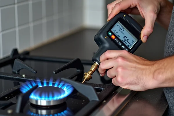 Technician installing gas cooktop with proper safety measures and connection testing
