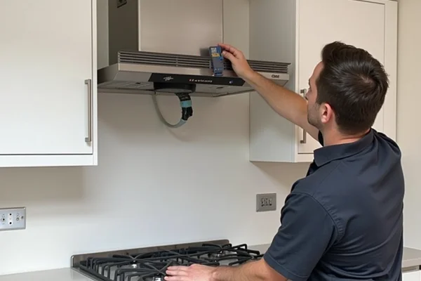 Electrician installing modern rangehood with proper ventilation and electrical connections