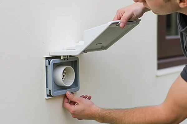 Close-up of weatherproof power point with protective cover being installed on exterior wall