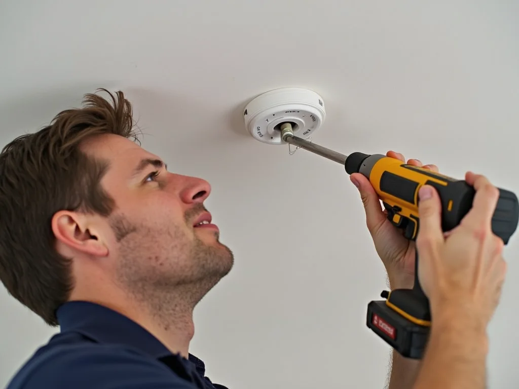 Installation of a new hardwired smoke alarm on ceiling with electrician using tools