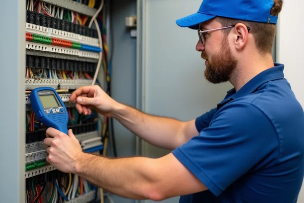 Electrician testing switchboard compliance with Australian standards