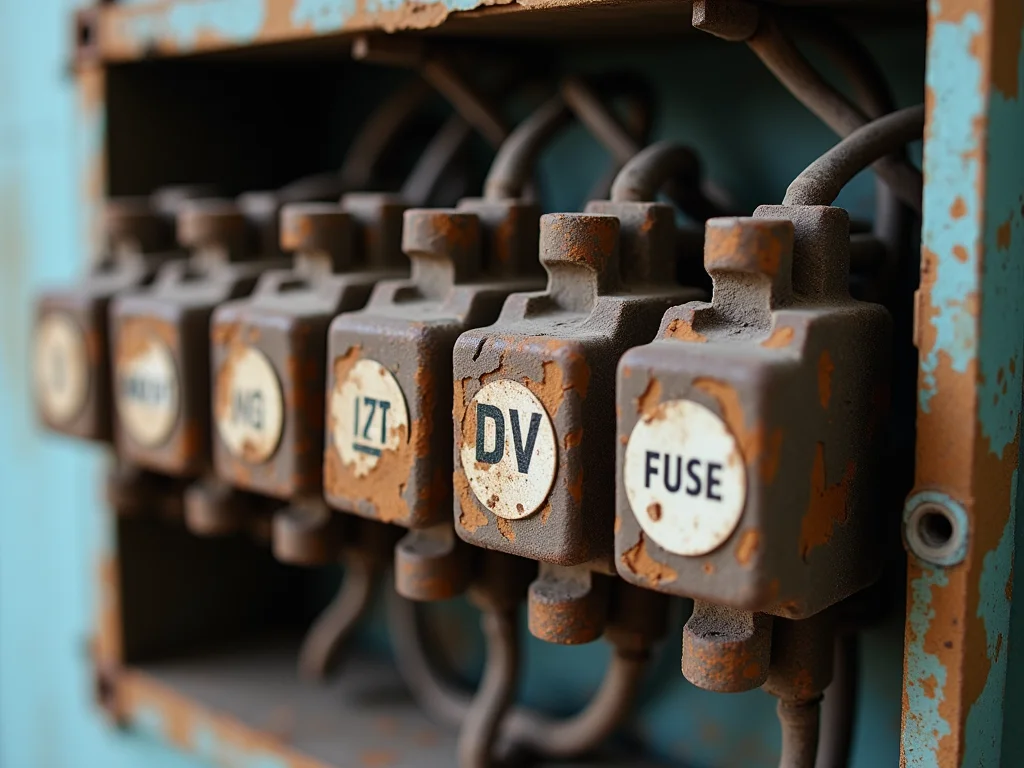 Close-up of outdated ceramic fuse box showing wear and potential hazards