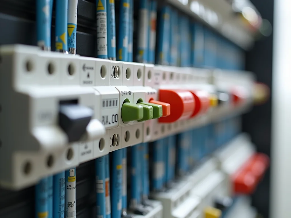 Close-up of modern switchboard with circuit breakers and safety switches