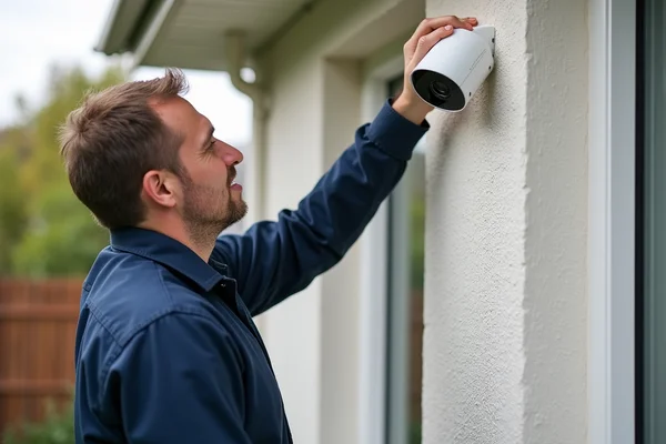Technician installing modern security camera on residential property exterior wall
