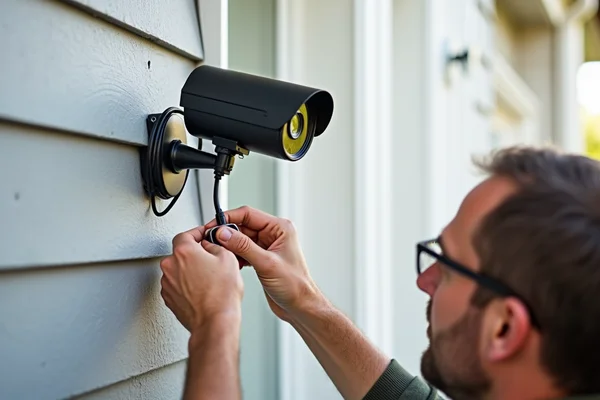 Technician mounting outdoor security camera on home exterior wall with tools