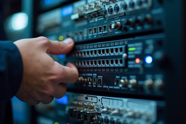 Close-up of technician configuring NVR digital video recorder system for security camera setup