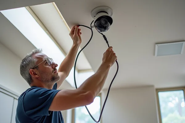 Technician running cables for wired security camera system through ceiling space