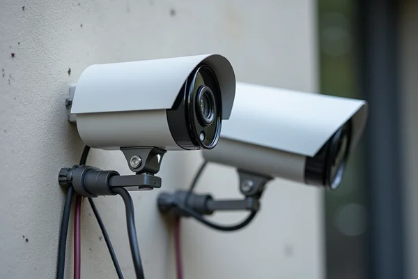 A single wired security camera system with visible cabling