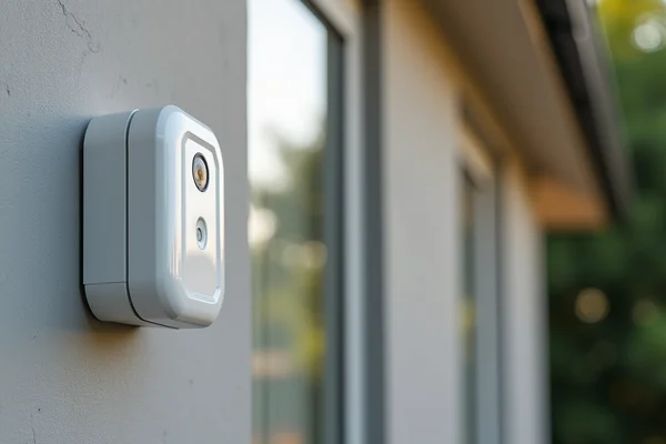 Wireless security camera with battery pack mounted on exterior wall of modern home