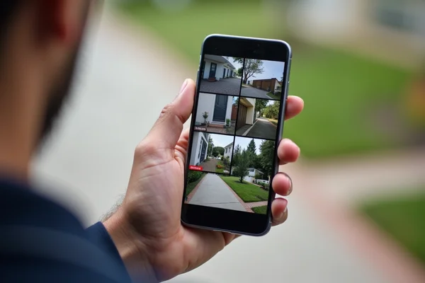 Person viewing security camera feed on smartphone app showing multiple camera views