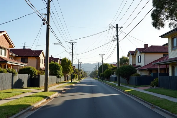 Suburban street in Abermain, NSW with typical Australian homes and power lines, daytime photo