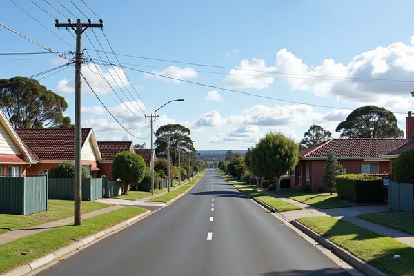 Suburban street in Bellbird, NSW with typical Australian homes and power lines, daytime photo
