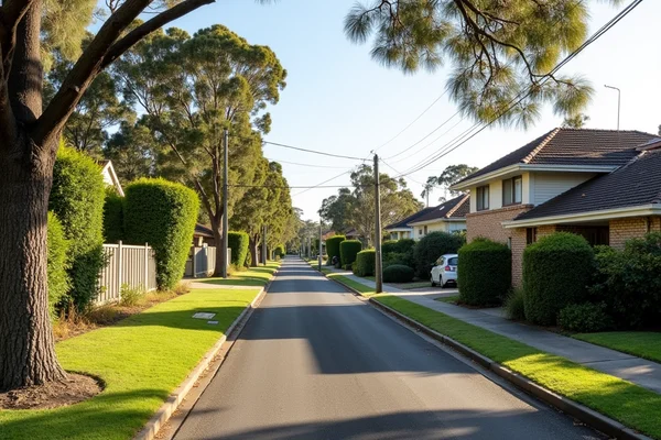 Residential street in Greta, NSW with established homes and gardens, daytime photo