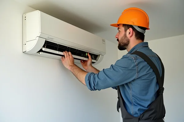 Electrician installing an air conditioner in a modern home