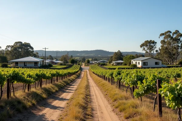 Rural residential area in Nulkaba, NSW with vineyards in background, daytime photo