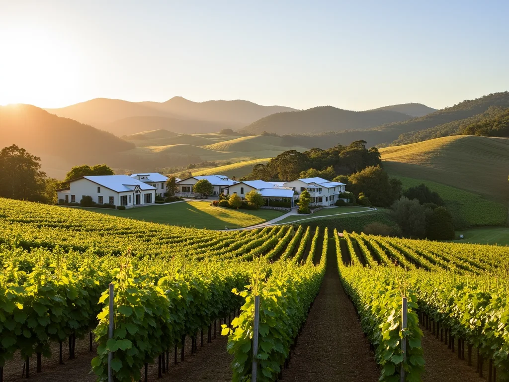 Scenic vineyard landscape in Pokolbin, Hunter Valley, with elegant winery buildings and rolling hills, daytime photo